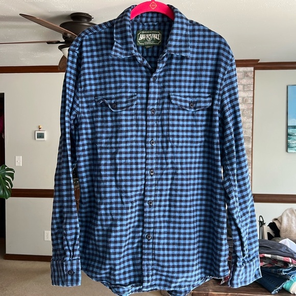 American Eagle Medium Blue and Black Plaid Button Down - Picture 1 of 4